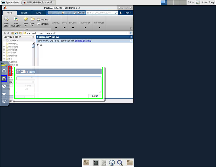 The NoVNC control bar expanded, showing the expand arrow (red), the
clipboard icon (blue), and the Clipboard panel (green) over a desktop
session.